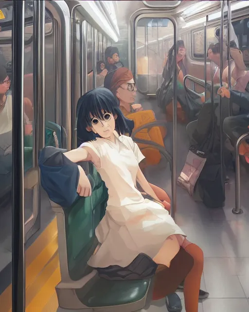 Prompt: a lonely girl sitting on the new york subway, full shot, ambient lighting, detailed face, by makoto shinkai, stanley artgerm lau, wlop, rossdraws