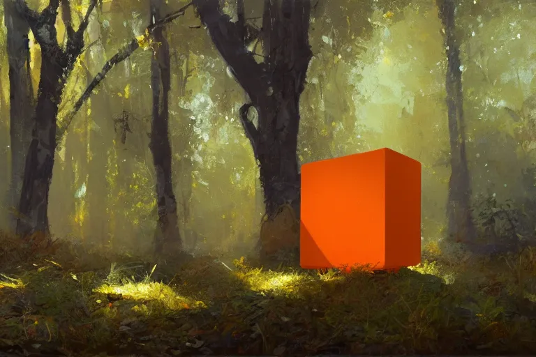 Prompt: An oil painting of an orange cube in a forest by Craig Mullins, dramatic lighting, realistic shadows, establishing shot, extremely high detail, artstation