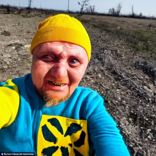 Prompt: last selfie of last alive of frightened funny damaged to bones ukrainian in dirty yellow and blue clothes that trying to escape from a huge nuclear explosion at background