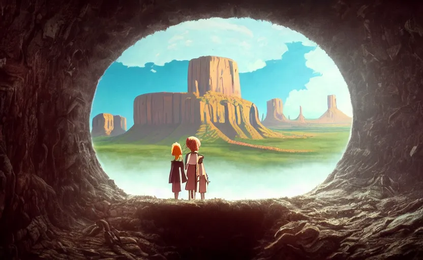 Prompt: a scary hyperrealist painting of a post - apocalyptic world inside a giant transparent dimensional portal ball from howl's moving castle ( 2 0 0 4 ) in a flooded monument valley stonehenge jungle. depth perception, 4 k, artstation, in the style of studio ghibli