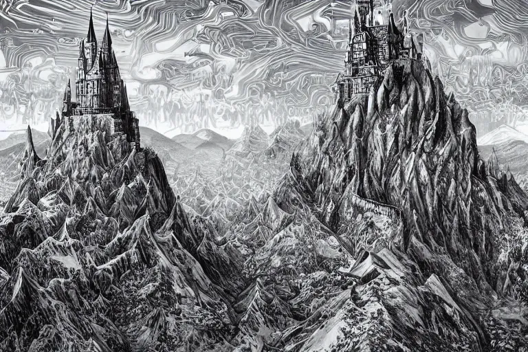 Prompt: a glitch in the simulation, a mountain range with an enormous castle tower sitting on top of the tallest mountain by Joe Fenton, highly detailed, photorealistic, intricate