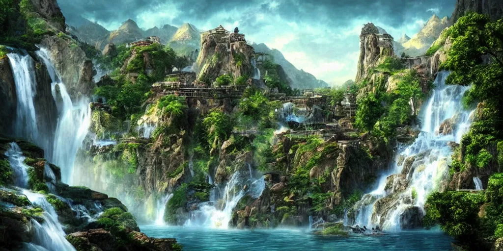 Prompt: ”looking between mountains into huge city surrounded by waterfalls, detailed, beautiful, photorealistic”