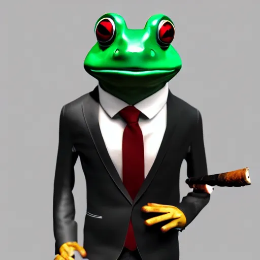 Image similar to a high quality photo of an antropomorphic frog wearing a suit smoking a cigar, 3d scene, render, ultra realistic, artstation, cgsociety