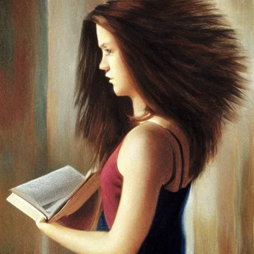 Prompt: a girl reading a book, hair flowing down, by jeff bridges