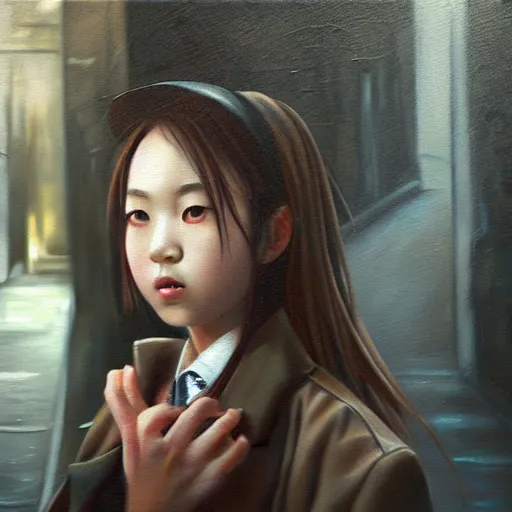 Image similar to a perfect, realistic professional oil painting of a Japanese schoolgirl posing in a dystopian alleyway, close-up, by a professional American senior artist on ArtStation, a high-quality hollywood-style concept