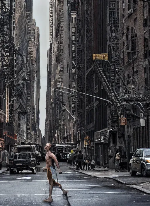 Image similar to film still, tarzan walk on the street of new york, post apocalyptic, symmetrical, 8 k, half body shot