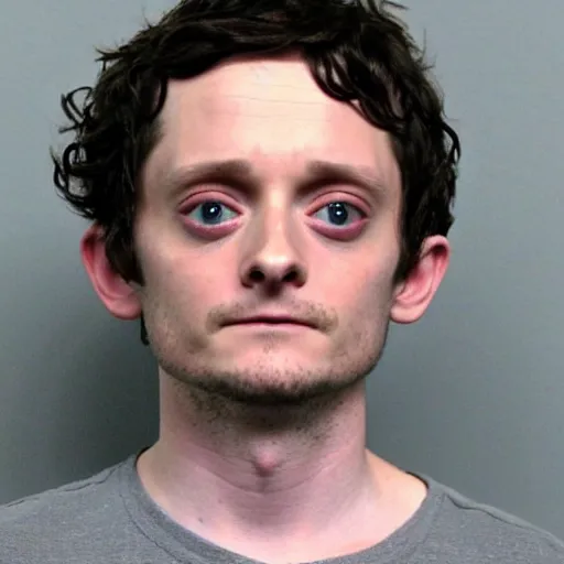 Image similar to Elijah Wood as Frodo Baggins, mugshot photograph