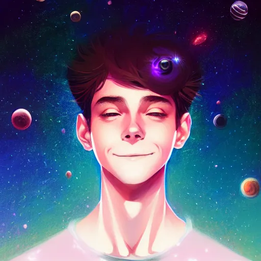 Image similar to The beginning of time, portrait of a beautiful young man, in hyper detail, dressed in stars and planets, extreme hyper detail, dramatic, fantasy lighting, matte print, digital art, cute smile, beautiful eyes, digital painting, fan art, pixiv, elegant, Ilya Kuvshinov style, Studio Ghibli