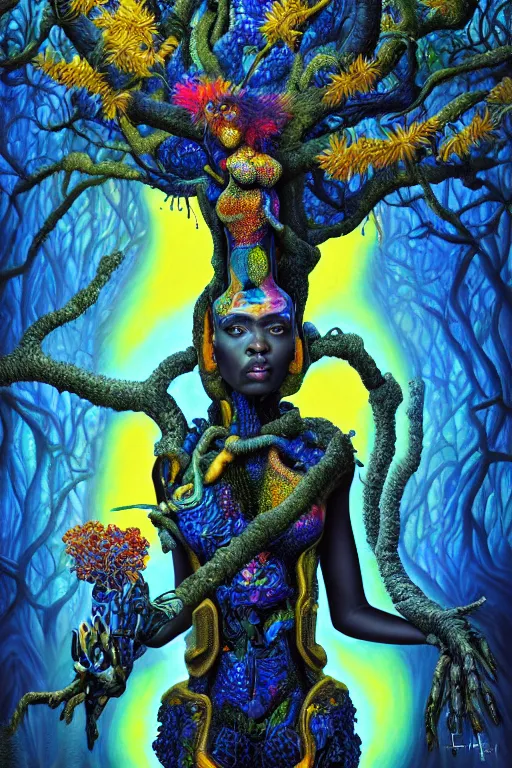 Image similar to hyperrealistic maximalist super expressive! black woman with exoskeleton armor, merging with tree in a forest, highly detailed digital painting masterpiece smooth cam de leon hannah yata dramatic pearlescent blue yellow light ground angle hd 8k sharp focus