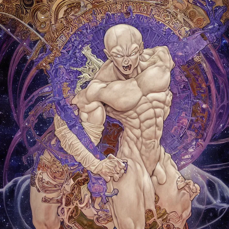 Prompt: portrait of Frieza made with porcelain by Jeff Easley and Peter Elson + beautiful eyes, beautiful face + symmetry face + border and embellishments inspiried by alphonse mucha, fractals in the background, galaxy + baroque, gothic, surreal + highly detailed, intricate complexity, epic composition, magical atmosphere + masterpiece, award winning + trending on artstation