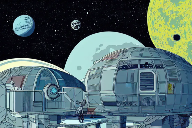 Image similar to a scifi illustration, hyper detailed external view of a lunar colony. cinematic wes anderson composition. flat colors, limited palette in FANTASTIC PLANET La planète sauvage animation by René Laloux