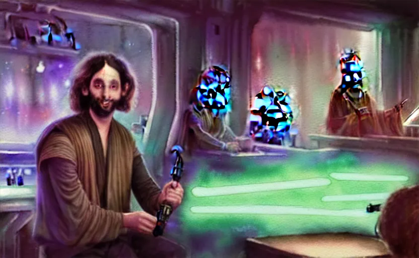 Image similar to a realistic star wars watercolor fantasy concept art of a drug dealer that looks like chris d'elia in a sleazy futuristic bar of coruscant, hq, 4 k