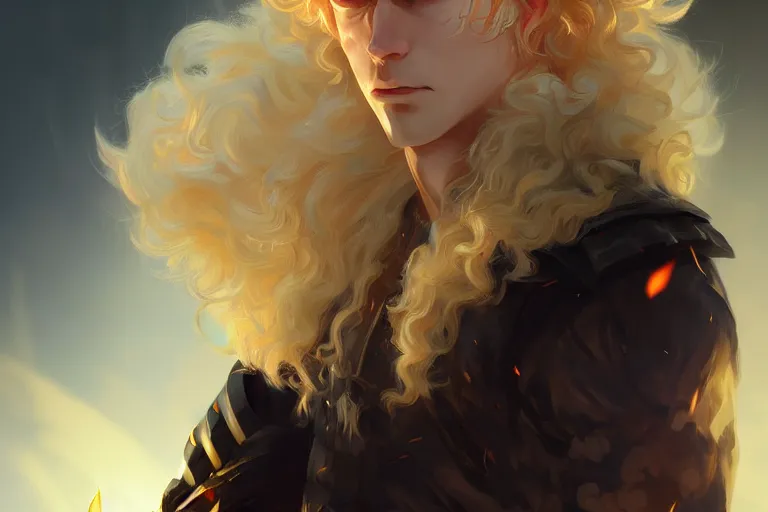 Image similar to digital art of a pale menacing Angel of Battle with fluffy blond curls of hair and piercing eyes, gilded black uniform, he commands the fiery power of resonance and wrath, by WLOP, Artstation, CGsociety