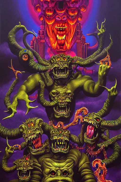 Image similar to a hyperrealistic painting of an epic boss fight against an ornate supreme dark overlord, cinematic horror by chris cunningham, lisa frank, richard corben, highly detailed, vivid color,