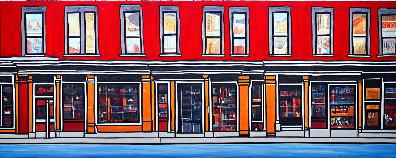 Prompt: painting of a building facade. storefronts. city block. new york.