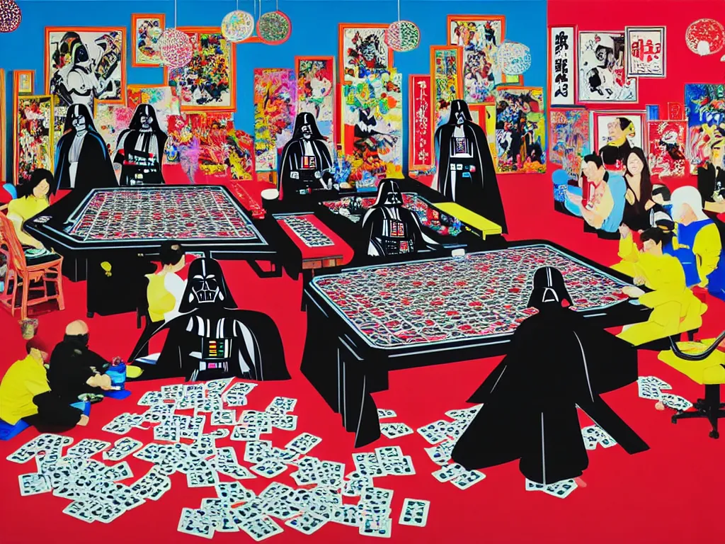 Image similar to hyper - realistic composition of a large room with an extremely detailed poker table in the center, woman in traditional japanese kimono standing nearby, darth vader sitting at the table, fireworks in the background, pop art style, jackie tsai style, andy warhol style, acrylic on canvas, dull palette