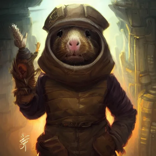 Image similar to cute little anthropomorphic Guinea Pig wearing techwear outfit, ultra wide lens shot , tiny, small, short, cute and adorable, pretty, beautiful, DnD character art portrait, matte fantasy painting, DeviantArt Artstation, by Jason Felix by Steve Argyle by Tyler Jacobson by Peter Mohrbacher, cinematic lighting