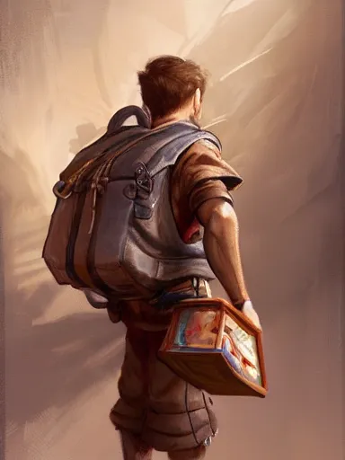 Image similar to a tinker carrying a giant backpack, full of trinkets and hanging stuff. intricate, elegant, highly detailed, digital painting, artstation, concept art, sharp focus, illustration, by justin gerard and artgerm, 8 k