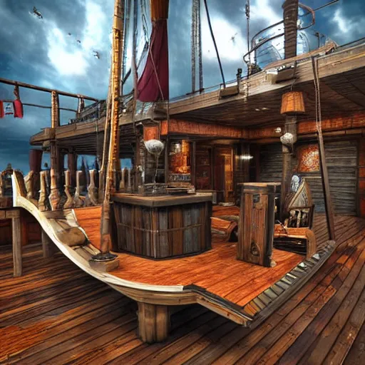 Prompt: the inside of an impressive award - winning pirate themed escape room set on the deck of a pirate ship. hyper - realistic, realistic color 3 d render