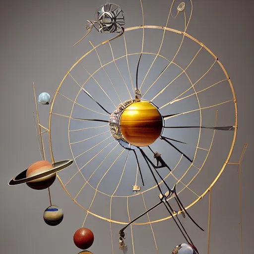 Image similar to a kinetic sculpture of this solar system, sun, orrery, canon 5 d 5 0 mm lens, papier - mache, studio, 1 9 5 4