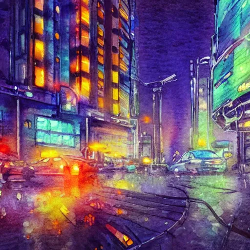 Image similar to an impressionist watercolor painting of a cyberpunk dystopian city with a lot of neon signs