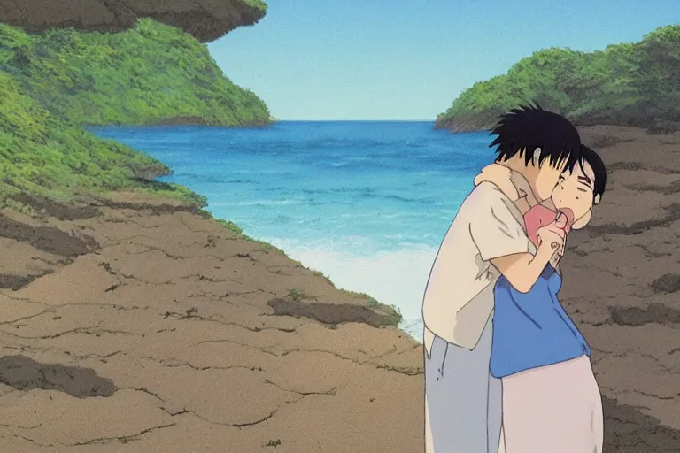 Image similar to a man hugging his beautiful wife by the beach, studio ghibli