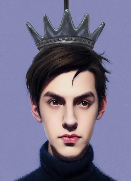 Image similar to portrait of teenage jughead jones wearing a light grey crown, crown, blue turtleneck, closed eyes, photorealistic, black hair, glowing lighting, intricate, elegant, glowing lights, highly detailed, digital painting, artstation, concept art, smooth, sharp focus, illustration, art by wlop, mars ravelo and greg rutkowski