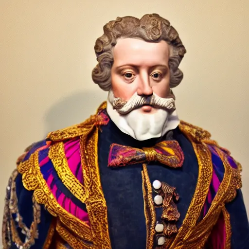 Image similar to photo of a colourful porcelain portrait bust of baron vladimir harkonen, 1 8 th century style, studio lighting, british museum, 4 k