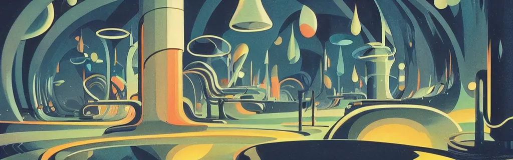 Image similar to 7 0 s sci - fi space station interior, retrofuturism, gouache, trees, animated film, stylised, illustration, by eyvind earle, scott wills, genndy tartakovski