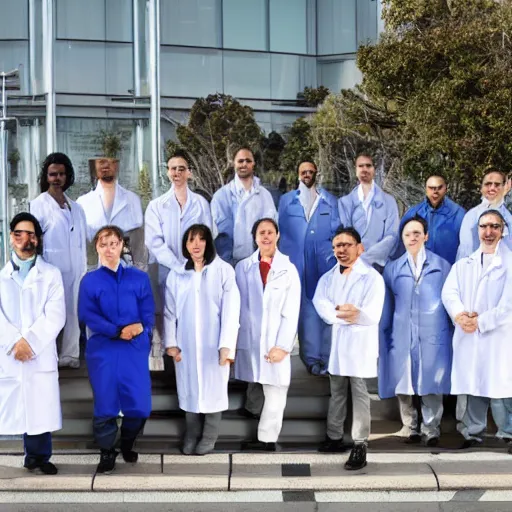 Prompt: a team of futuristic scientists standing for a group photo