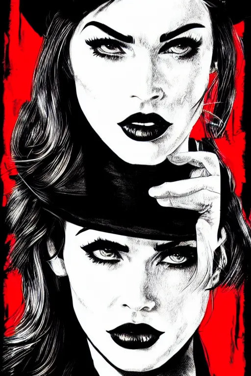 Image similar to dream of a film still from sin city, closeup portrait of film noir angry megan fox private detective wearing a hat, detailed illustration, digital art, trending on artstation, frank miller, martin ansin, action movie poster, dripping paint, red on black, graffiti, gta v,