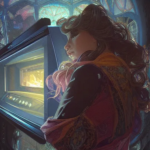 Prompt: a microwave with a tv screen covered in static, intricate, highly detailed, digital painting, artstation, concept art, smooth, sharp focus, illustration, unreal engine 5, 8 k, art by artgerm and greg rutkowski and alphonse mucha