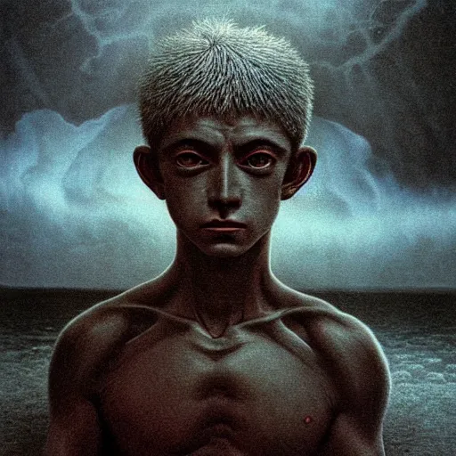 Prompt: killua made by zdzisław beksinski, thunderstorm, 8 k, detailed, cinematic, rain, crying, black