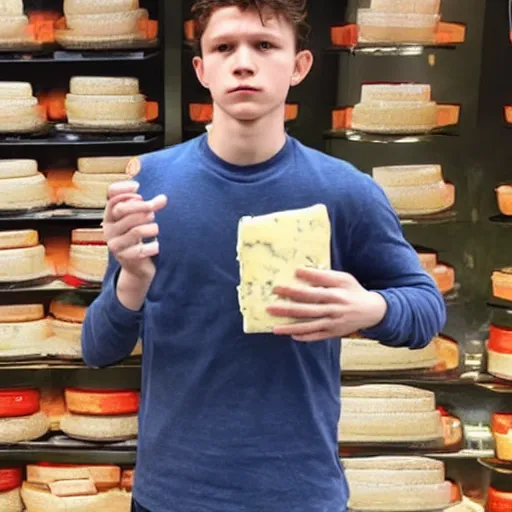 Image similar to sad tom holland holding a wallet full of cheese