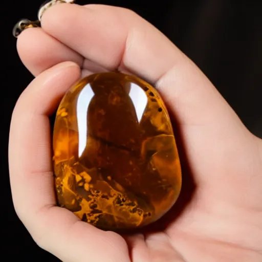 Image similar to human female trapped inside amber stone held in palm of hand