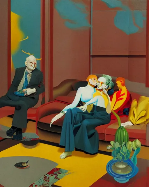 Image similar to old dead couple sitting on a couch and a person inside a large aquarium with clouds at red and yellow art deco interior room in the style of Francis Bacon and Syd Mead, open ceiling, highly detailed, painted by Francis Bacon and Edward Hopper, painted by James Gilleard, surrealism, airbrush, very coherent, triadic color scheme, art by Takato Yamamoto and James Jean