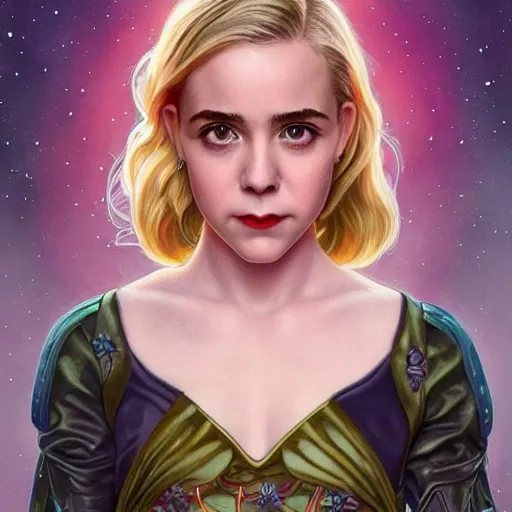 Image similar to Kiernan Shipka as Sabrina Spellman, cute, fantasy, intricate, elegant, highly detailed, digital painting, 4k, HDR, concept art, smooth, sharp focus, illustration, art by artgerm and H R Giger and alphonse mucha