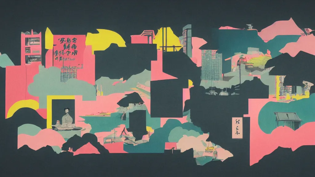 Prompt: japan, a collage painting, in the style of wes anderson, lola dupre, david hockney, isolated on negative white space background dark monochrome neon spraypaint accents volumetric octane render