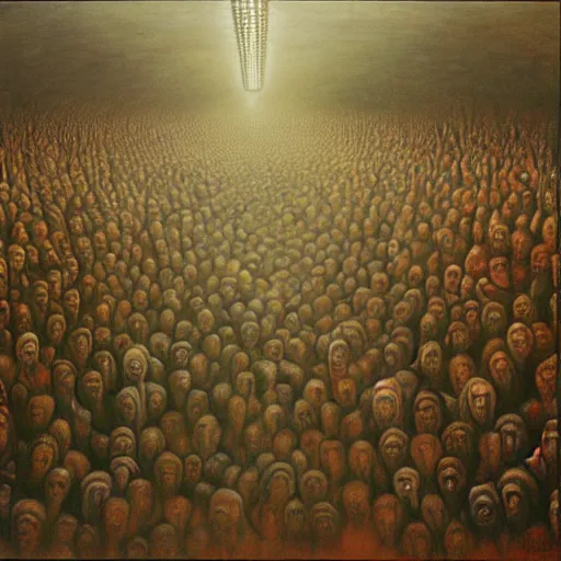 Image similar to a very crowded morning subway station, painted by zdzisław beksinski,