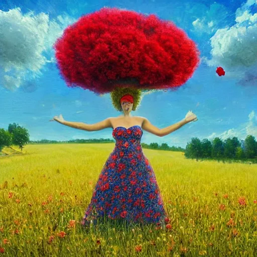 Prompt: giant red flower afro, full body, girl in the middle of a field with flowers, surreal photography, hills, sunrise dramatic light, impressionist painting, colorful clouds, digital painting, pointillism, artstation, simon stalenhag