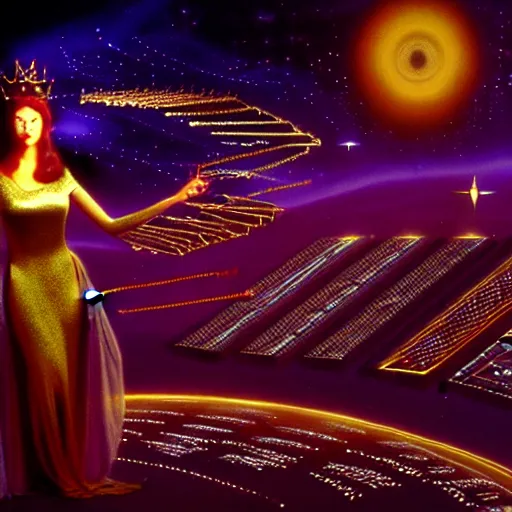 Image similar to the ethereal queen of technology bestows the gift of circuits to humanity. matte painting. fantastic. velvet and gold.