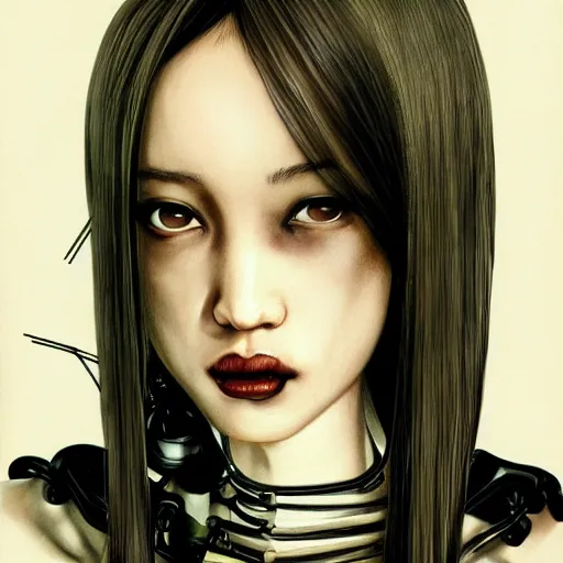 Image similar to Kiko Mizuhara is an unsettling scary terrifying bio mechanical cyborg post human, physically accurate, very dramatic dynamic lighting, intricate, very very elegant, highly detailed, digital painting, artstation, very hyperrealistic, very very very HR GIGER, very Bensinski, Hieronymus Bosch, Francis Bacon, concept art, smooth, sharp focus, illustration, art by artgerm and greg rutkowski and alphonse mucha