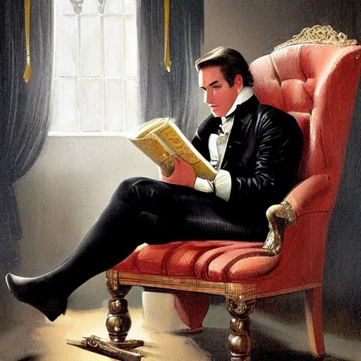 Prompt: VTM concept art lasombra young man with face of Donal Glisson without beard in Victorian clothes is sitting in an vintage armchair reading a book, cinematic lighting, highly detailed, digital art, Renaissance painting, by Leyendecker, by Rutkowsky,