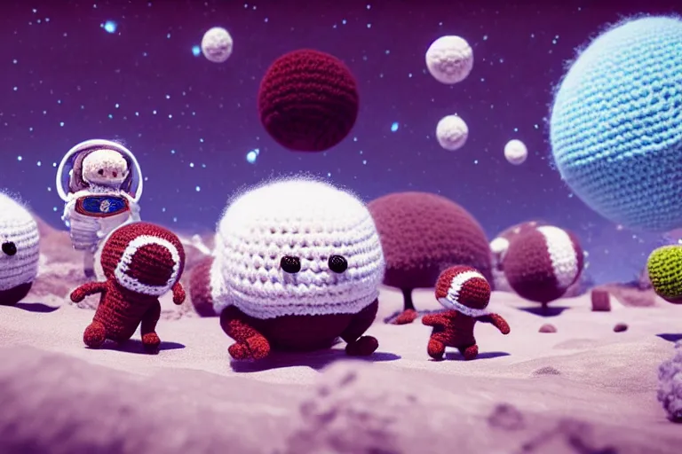 Image similar to an expedition of crochet astronauts discovering a new fluffy planet made out of yarn. cute, illustration, digital art, inspired by little big planet, by greg rutkowski, detailed, sharp, masterpiece, highly detailed, photorealistic, octane render, 8 k, unreal engine 5, trending on artstation