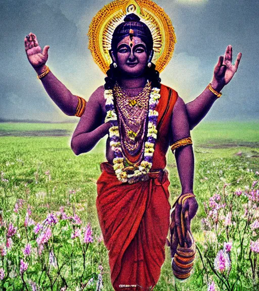 Prompt: mystical hindu god kaali standing in tall meadow of flowers, distant, ww1 film photo, grainy, high detail, high resolution