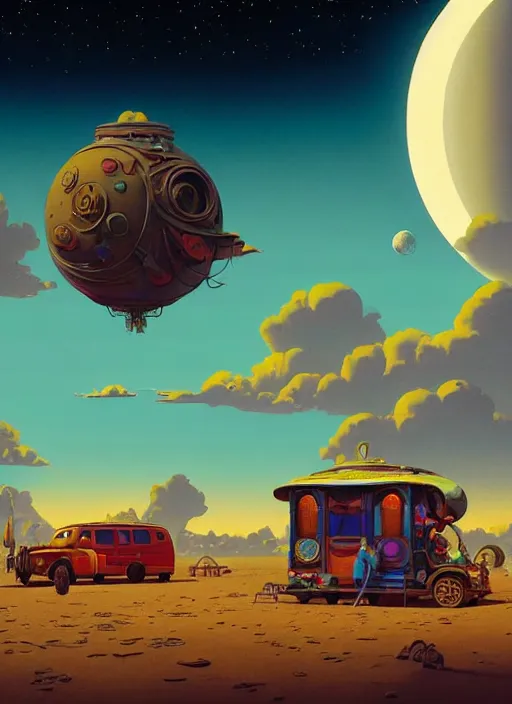 Image similar to gypsy caravan by paolo eleuteri serpieri and tomer hanuka and chesley bonestell and daniel merriam and tomokazu matsuyama, clouds, moon, sun, unreal engine, high resolution render, featured on artstation, octane, 8 k, highly intricate details, vivid colors