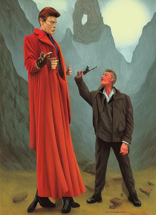 Prompt: twin peaks poster art, david bowie is confronted by the gatekeeper, old retro pulp, by michael whelan, rossetti bouguereau, artgerm, retro, nostalgic, old fashioned