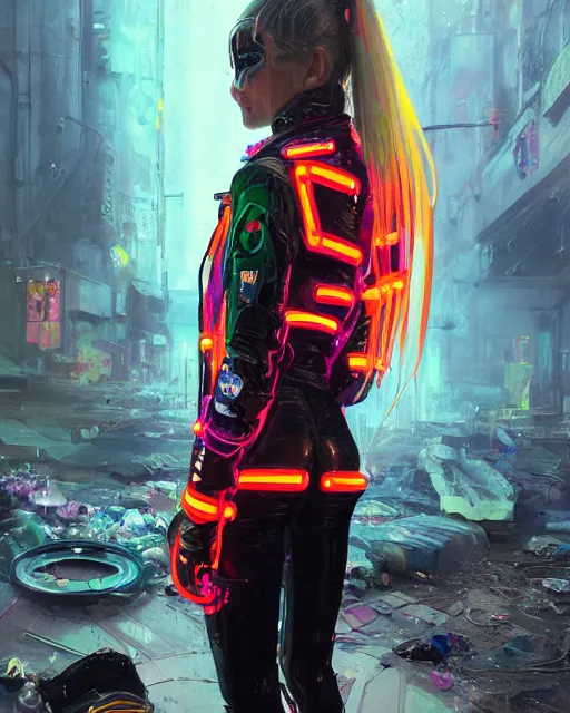 Image similar to detailed portrait neon guard girl with long straight blonde hair seen from the back, cyberpunk futuristic, reflective puffer jacket, black leggings, decorated with traditional ornaments in front of a dystopian crowd with piles of garbage by ismail inceoglu dragan bibin hans thoma, perfect face, fine details, realistic shaded, fine - face, pretty face by rossdraws