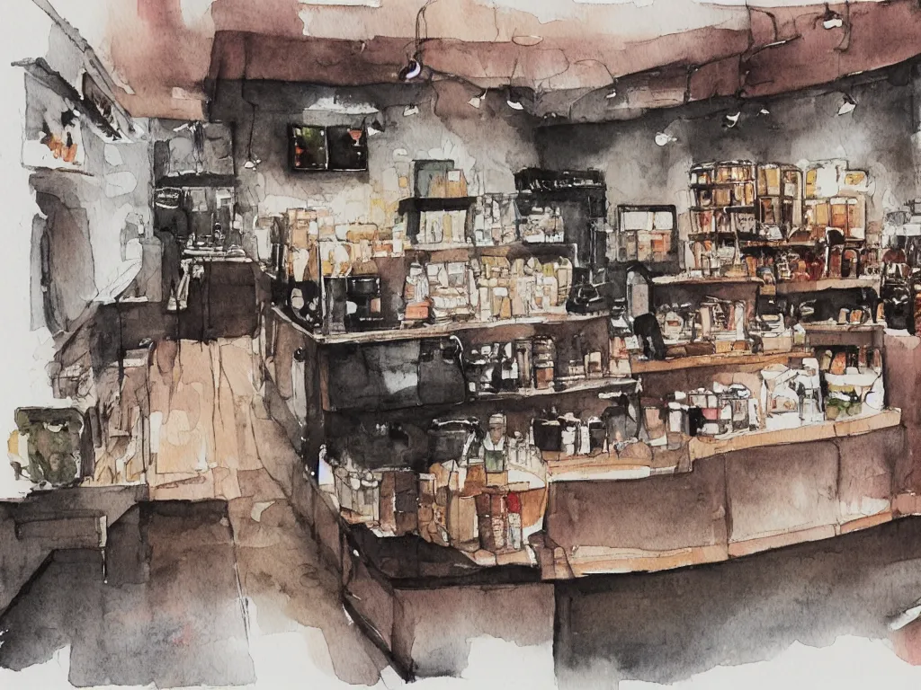 Image similar to a coffee shop smooth light color watercolor ink pen