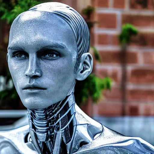 Image similar to a realistic detailed photo of a guy who is an attractive humanoid who is half robot and half humanoid, who is a male android, soccer player martin ødegaard, shiny skin, posing like a statue, blank stare, by the pool, on display, showing off his muscles, humanoid robot, frozen ice statue